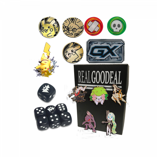 coin_pin_bundle Pokemon Accessories Bundle 5 PINS 3 COINS 1 FIGURE 1 GX COUNTER 1 SET OF DICE - Image 1